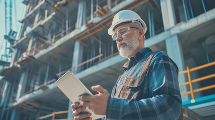 Construction inspection. Elderly man with a gray beard and a helmet holding a tablet against the background of house construction.