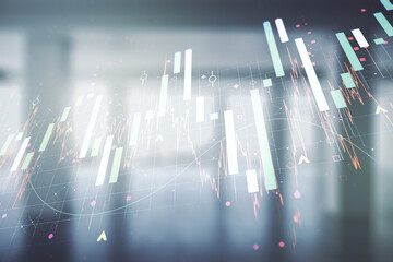 Multi exposure of abstract virtual financial graph hologram on empty corporate office background, forex and investment concept
