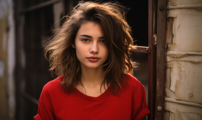 Casual Urban Beauty: Confident Young Woman in Red Textured Tee Against a Weathered Wall