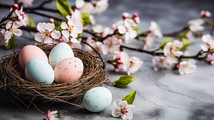 Fototapeta na wymiar Easter Celebration with Pastel Eggs in Nest and Cherry Blossoms on Rustic Textured Background, Springtime Festivity Concept