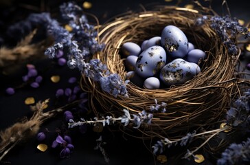 easter eggs in a nest with lavender