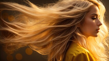 Ethereal Beauty Profile with Radiant Flowing light, blond hair, model, beauty