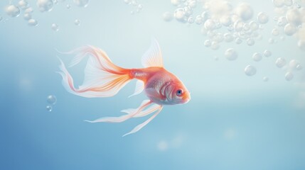 Fototapeta premium a goldfish swimming in an aquarium with bubbles in the water and a blue sky with clouds in the background.