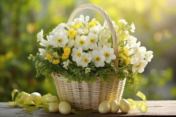 easter basket with many colorful easter eggs with decorations