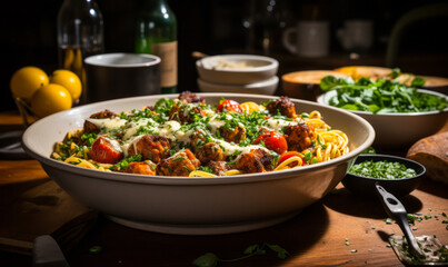 Homemade Spaghetti with Meatballs and Fresh Basil in a Cozy Home Setting, Perfect for a Comforting Meal