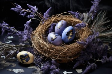 easter eggs in a nest with lavender