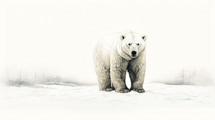  a large white polar bear standing on top of a snow covered ground with trees in the back ground and a foggy sky in the background.
