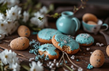 Obraz premium easter cookies are on a table with flowers and some