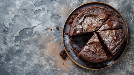 Chocolate cake on a plate. Grey stone background