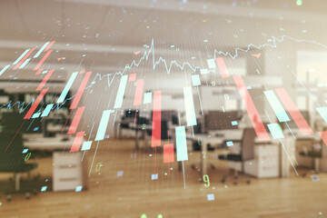 Abstract virtual global crisis chart and world map sketch on a modern furnished office interior background, falling markets and collapse of global economy concept. Double exposure