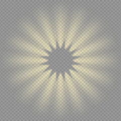 Sun shine light effect. radial flare of rays glow with bright aura. Sunset yellow burst on transparent background. Heaven energy glitter with bokeh