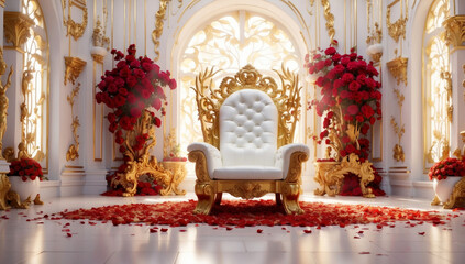 A large banquet hall with a white and gold throne. - obrazy, fototapety, plakaty