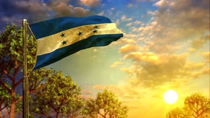 waving flag of Honduras at sunset for anthem day - abstract 3D illustration - obrazy, fototapety, plakaty