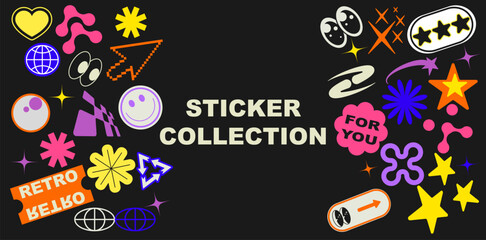 Colorful vintage sticker shape set. Collection of trendy retro label in cartoon style. Vector