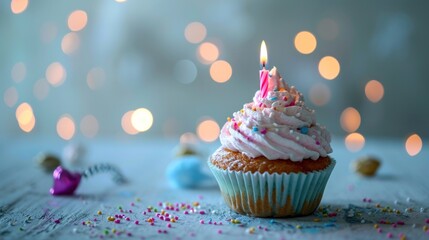 pink childish birthday cupcake with candle on minimalist background