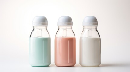 three bottles of milk and a glass bottle of milk on a white background with a light reflection on the bottom of the bottles.