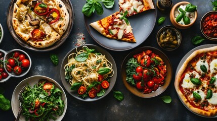 Fototapeta na wymiar Full table of italian meals on plates Pizza, pasta, ravioli