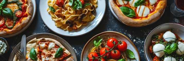 Full table of italian meals on plates Pizza, pasta, ravioli