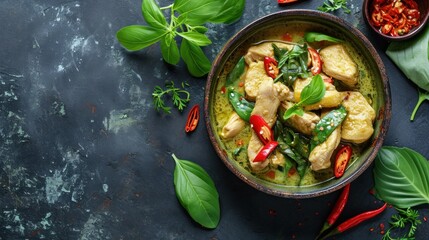 Green curry with chicken in bowl on dark background - obrazy, fototapety, plakaty