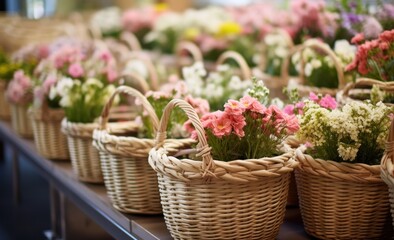 Fototapeta na wymiar multiple wicker baskets filled with flowers at another flower store