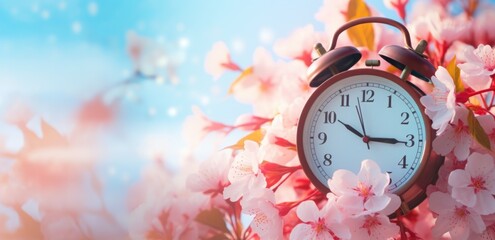 an alarm clock next to a blossoming cherry tree on a wooden deck - obrazy, fototapety, plakaty