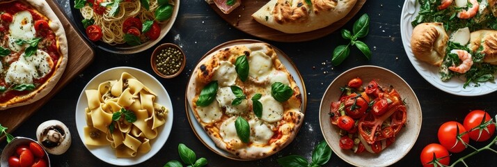 Fototapeta na wymiar Full table of italian meals on plates Pizza, pasta, ravioli