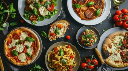 Full table of italian meals on plates Pizza, pasta, ravioli - obrazy, fototapety, plakaty