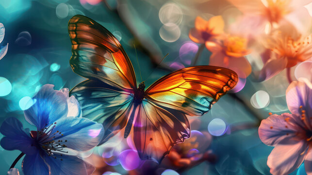 Beautiful colorful butterfly beetwen spring flowers on blur backgraund as wallpaper illustration