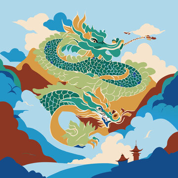 Chinese mythological dragon in the traditional Chinese landscape painting style.