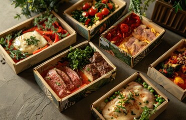 five different meal boxes with different types of meat