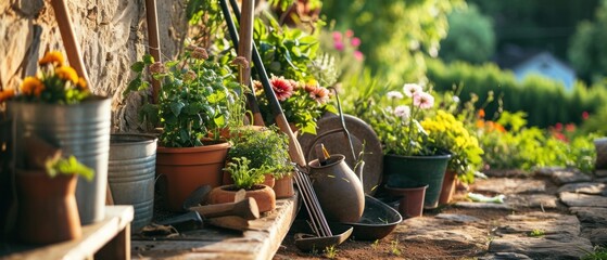 garden tools and outdoor equipment next to a path - obrazy, fototapety, plakaty