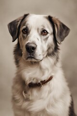 Portrait of a mixed breed dog on a gray background. Close-up.