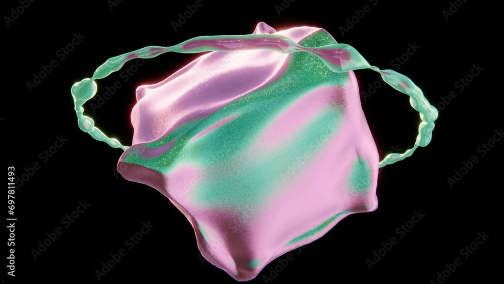 Poster abstract animation of glitter morphing liquid cyan and pink cube shape and metallic fluid circle rin