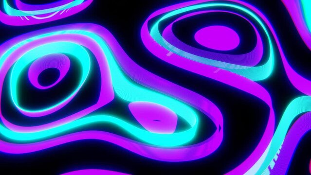 Abstract background animation of neon groovy blue and purple 3D waves and curves retro futuristic cyber style design seamless loop 4K 30 fps