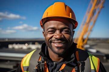 Construction Worker On Building Site Laying Slate Tiles. Portrait of an African American Roof construction worker working on a roof, adorned in safety gear and sky in the background - obrazy, fototapety, plakaty