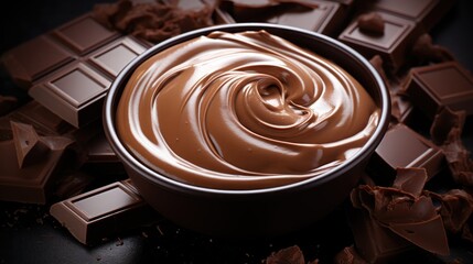  a close up of a bowl of chocolate on a table with pieces of chocolate on the side of the bowl. - obrazy, fototapety, plakaty