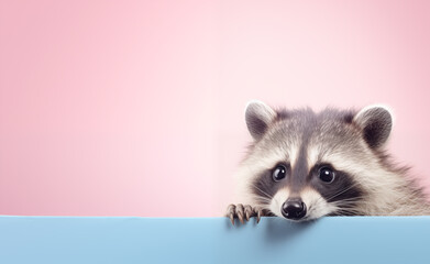 a raccoon holding a blue sign