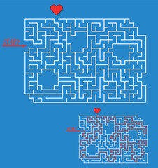 Find love labyrinth. Maze with entry and exit. Solution included - red passing route. Nice design logic game for brain training. Vector illustration.