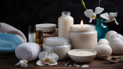 Fototapeta na wymiar Cosmetics and candles with orchid and towel spa table