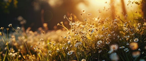 a beautiful scene of small white flowers in the spring grass