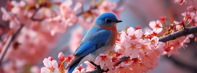 a blue sitting on a blossoming cherry tree