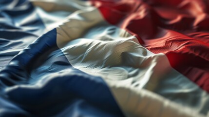 Flag of France. Closeup beautifully folded French tricolor made of fabric - obrazy, fototapety, plakaty