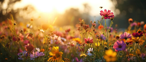 a field filled with colorful flowers with sunlight behind them