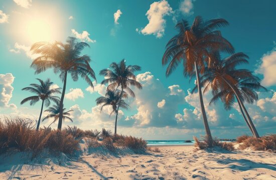 a picture of a beach with palm trees and the sun out