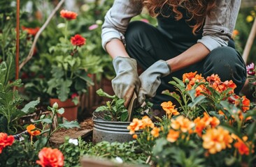 woman with gardening gloves sitting in garden and watering - obrazy, fototapety, plakaty