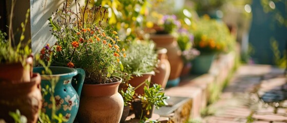 a garden with pots and flowers - obrazy, fototapety, plakaty