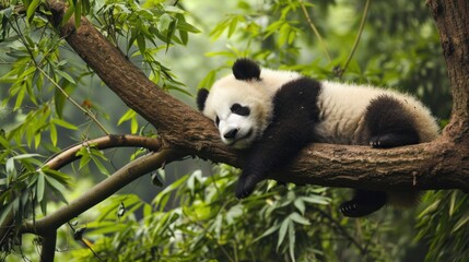 Fototapeta premium A baby panda napping on a tree branch