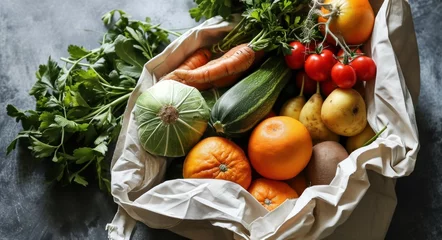 Deurstickers white paper bag with fruits and vegetables © olegganko