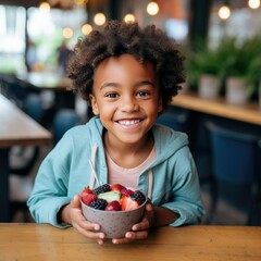 Happy young child with a bowl of fresh fruit in a cafe