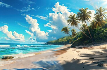 a picture of a beach with palm trees and the sun out